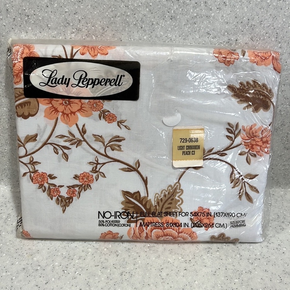 Vintage MCM Lady Pepperell Full Flat Floral Sheet~NIP~Light Cinnamon/Peach
